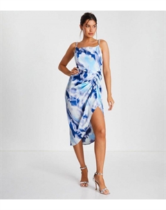 Бледно-синее платье миди со сборками и подолом с абстрактным принтом , бледно-голубой Quiz