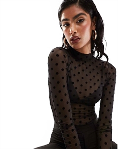 Черное сетчатое боди из флока в горошек с длинными рукавами DESIGN Asos