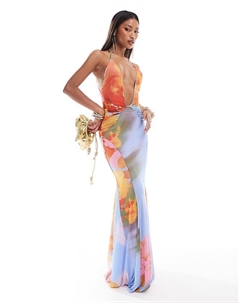 Платье макси с глубоким вырезом и пышной юбкой-годе DESIGN с абстрактным цветочным принтом Asos