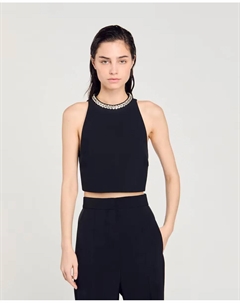 Короткий женский топ со стразами, черный Sandro