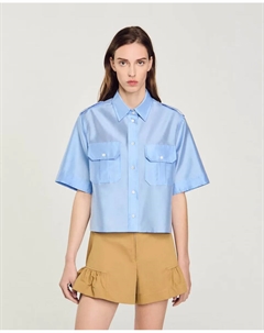 Атласная женская рубашка с принтом сзади, светло-голубой Sandro