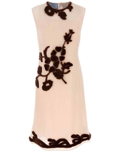Шелковое платье-миди с цветочной вышивкой, нейтральный цвет Prada