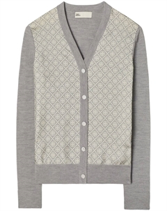 Шерстяно-шелковый кардиган с Т-образным узором, серый Tory burch