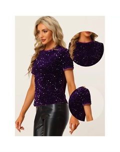 Женский бархатный топ с пайетками, бархатная блузка с коротким рукавом и круглым вырезом для вечеринки, клубная одежда, фиолетовый Allegra k