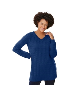 Женщина в женском свитере-пуловере с v-образным вырезом и косой вязки больших размеров, цвет Evening Blue Woman within