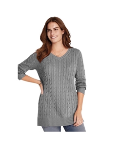 Женщина в женском свитере-пуловере с v-образным вырезом и косой вязки больших размеров, цвет Medium Heather Grey Woman within