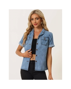 Женская джинсовая куртка с воротником и коротким рукавом, рубашка на пуговицах с нагрудным карманом, синяя, L, синий Allegra k