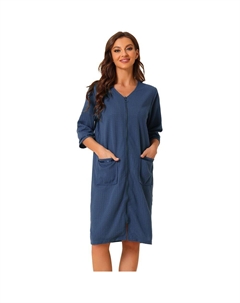 Женская вафельная пижама с рукавами 3/4, халат для спа, одежда для дома, халаты на молнии, синий Cheibear