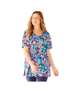Женская туника больших размеров с короткими рукавами и v-образным вырезом легкого кроя, цвет Blue Floral Tropical Catherine's