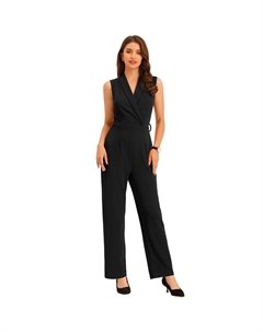 Женский офисный укороченный комбинезон без рукавов с шалевым воротником и поясом, комбинезон, черный Allegra k