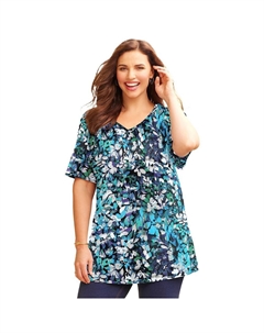 Женская туника больших размеров с короткими рукавами и v-образным вырезом легкого кроя, цвет Blue Blooming Floral Catherine's