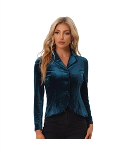 Женский бархатный пиджак с длинными рукавами и пуговицами с зубчатыми лацканами, цвет Peacock Blue Allegra k