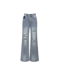 Простые рваные прямые джинсы, синий Deep breath