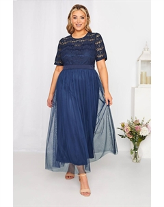 Платье с длинными рукавами и кружевной сеткой в форме сердца, синий Yours curve