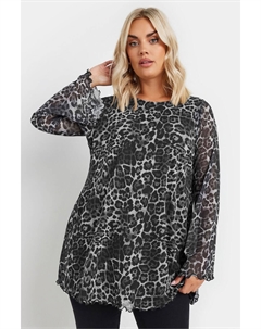 Сетчатый топ с леопардовым принтом и рукавами фонариками, серый Yours curve