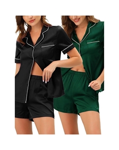 Женские пижамы с короткими рукавами, топы на пуговицах, шорты, атласные комплекты, цвет Black Green Cheibear