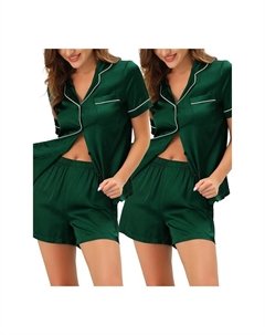 Женские пижамы с короткими рукавами, топы на пуговицах, шорты, атласные комплекты, зеленый Cheibear