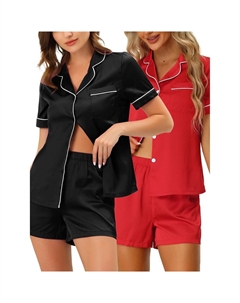 Женские пижамы с короткими рукавами, топы на пуговицах, шорты, атласные комплекты, цвет Black Red Cheibear