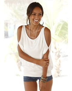 Пляжная рубашка, с разрезами на плечах, рубашка с коротким рукавом, длинная рубашка, с открытыми плечами, кремовый Lascana