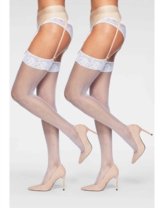 Чулки на подтяжках (2 пары) из сетчатого материала с тонким кружевным поясом, белый Lascana