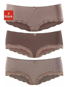 Трусики (3 шт.) из эластичного хлопка с нежным кружевом, коричневый Lascana