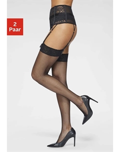 Чулки на подтяжках (2 пары) из сетчатого материала с тонким кружевным поясом, черный Lascana