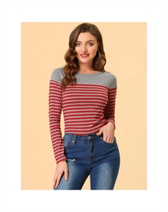 Женская повседневная футболка в полоску с длинными рукавами и цветными блоками, светло-синий Allegra k