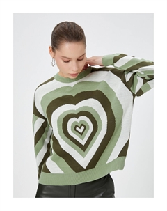 Трикотаж Свитер Сердце Разноцветный Длинный рукав с круглым вырезом, зеленый Koton