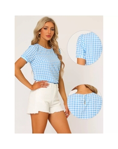 Винтажная блузка для женщин, повседневные клетчатые топы в клетку с круглым вырезом и пышными рукавами в клетку, светло-синий Allegra k