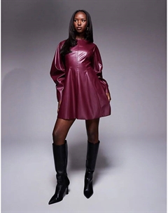 Мини-платье из искусственной кожи с рукавами-коконами и декоративными швами в бордовом цвете Asos design