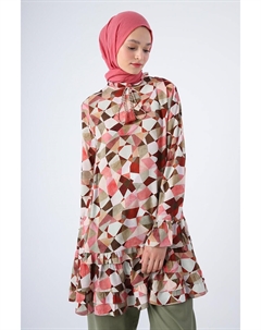 Экрю-бордовая красная туника из вискозы с узором, рукавами с оборками на воротнике, юбкой и застежкой-молнией All day