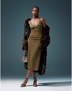 Кружевное платье миди цвета хаки Asos design