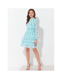 Женское шифоновое платье с цветочным воротником-стойкой, многоуровневым рюшом и подолом с длинными рукавами, светло-синий Allegra k