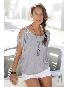 Пляжная рубашка, с пайетками, рубашка с коротким рукавом, длинная рубашка, с открытыми плечами, цвет Grau-Meliert Lascana