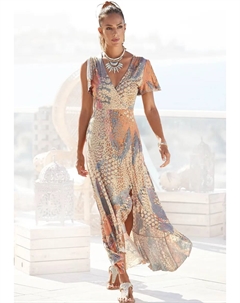 Платье макси с животным принтом, разрезом и оборкой, рукавами-крылышками, платье с принтом, синий Buffalo