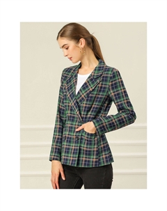 Женский двубортный пиджак в клетку с зубчатыми лацканами, темно-синий Allegra k