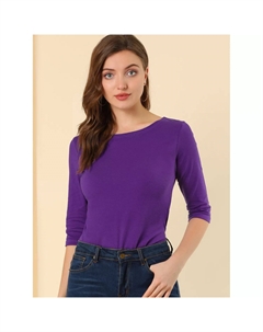 Женская классическая футболка узкого кроя с рукавами до локтя и вырезом лодочкой, темно-синий Allegra k