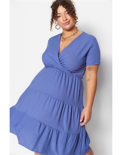 Трикотажное платье цвета индиго с V-образным вырезом и воланами, синий Trendyol