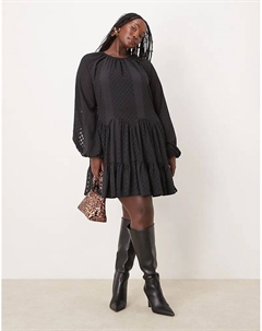 Мини-платье годе с высоким воротом и фестончатыми краями из выжженного жаккарда черного цвета Asos