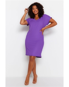 Пурпурное трикотажное платье с v-образным вырезом и короткими рукавами TBBSS22EL2365, фиолетовый Trendyol