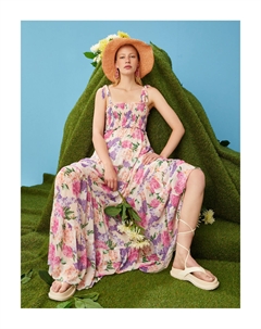 Длинное платье с цветочным принтом и деталями Gipe, разноцветный Koton