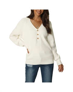 Женский осенне-зимний свитер с длинным рукавом и v-образным вырезом на пуговицах, однотонный ребристый вязаный повседневный пуловер, свитер, белый Seta t