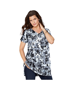 Женская туника больших размеров Ultimate с короткими рукавами и v-образным вырезом, цвет White Dreamy Floral Roaman's