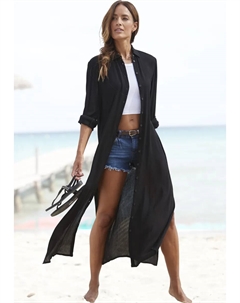 Платье-рубашка из крепированной вискозы, платье макси с разрезом, летнее платье, черный Lascana