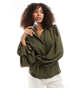 Мягкая рубашка цвета хаки с объемными рукавами и рюшами на манжетах DESIGN Asos