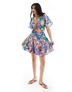 Синее платье мини с вырезом и юбкой-годе DESIGN Asos