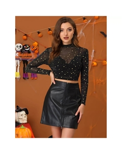 Женский сетчатый укороченный топ со звездами и воротником-стойкой, прозрачная блузка для вечеринки, темно-синий Allegra k