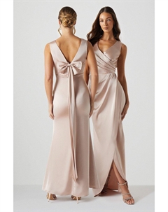 Атласное платье подружки невесты с бантом на спине и V-образным вырезом, бежевый Coast