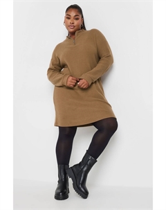 Мягкое на ощупь платье джемпер с застежкой молнией на вороте, бежевый Yours curve