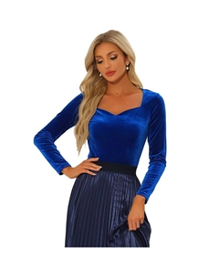 Повседневные бархатные топы для женской блузки с длинными рукавами и вырезом в форме сердца, цвет Royal Blue Allegra k